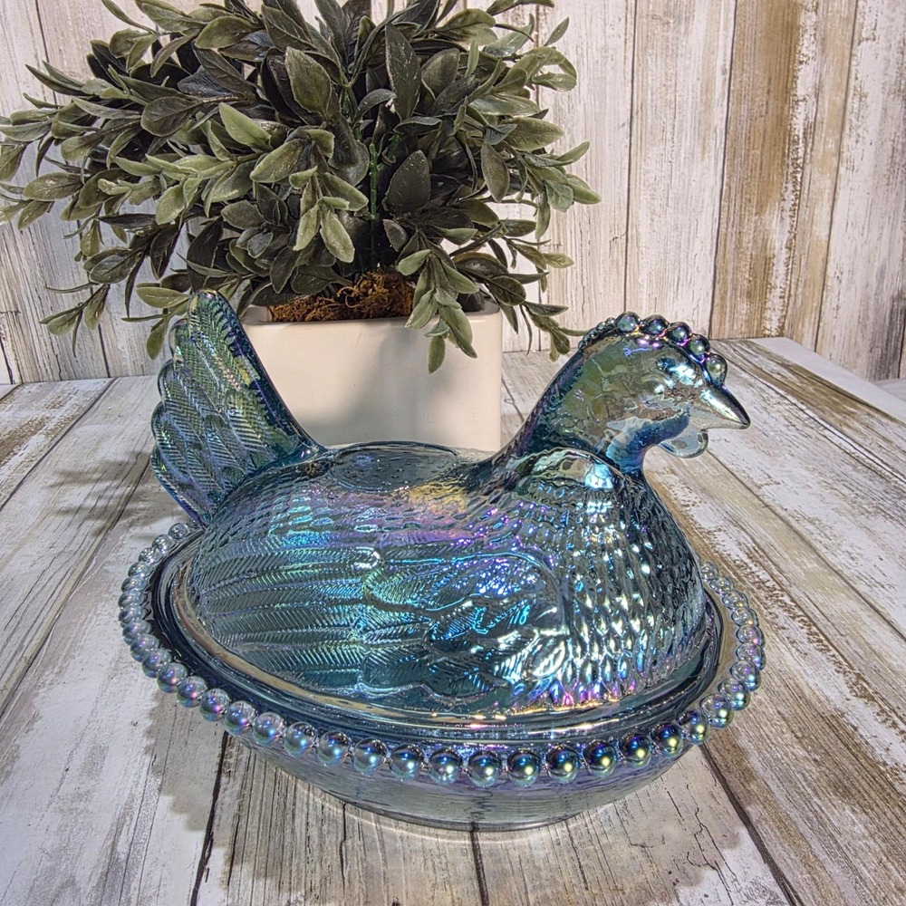 Vintage Carnival Glass Hen on Nest Iridescent Blue Oil Slick Covered Candy Dish